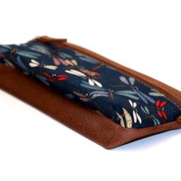 Large Brown Leather Pencil Case Japanese Fabric With Colorful Dragonflies - Tombo Design Base Holds 20 Pens Handmade Elegant Gift - thumbnail 3