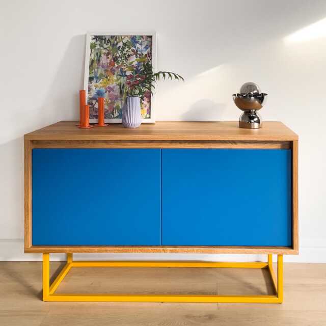 Solid Oak Modern Sideboard, Blue & Orange Designer Credenza, Handmade Tv Cabinet, Contemporary Furniture - image 1