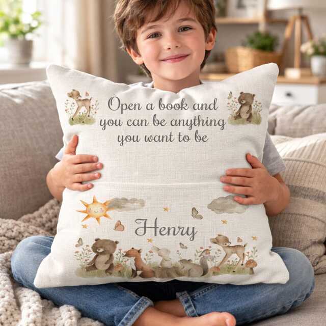 Personalised Woodland Friends Pocket Pillow Cushion, Kids Reading Nook Decor, Nursery Book Cushion - image 1