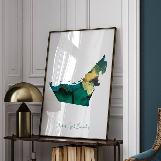 United Arab Emirates Map Emerald Green & Gold Wall Art Print Uae - image 1