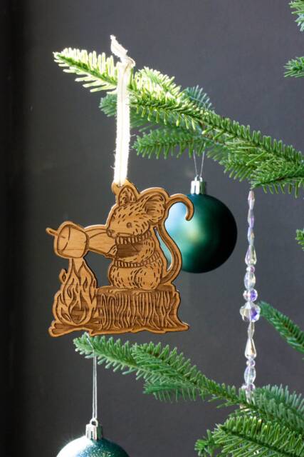Marshmallow Mouse Wood Ornament [Woodland Art, Cute Animals Camping, Whimsical, Personalized Gifts, Christmas, Holiday, Stocking Stuffers] - image 1