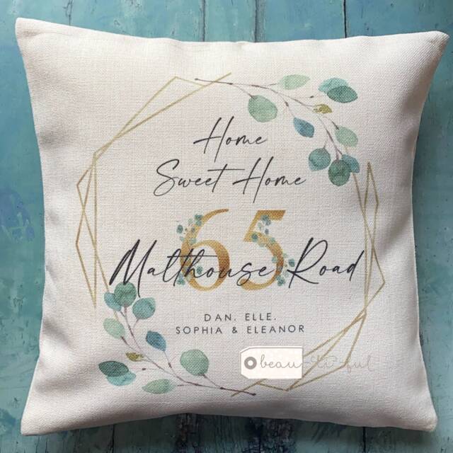 Personalised Home Sweet Address Quote Foliage Greenery Design Linen Style Cushion Cover
