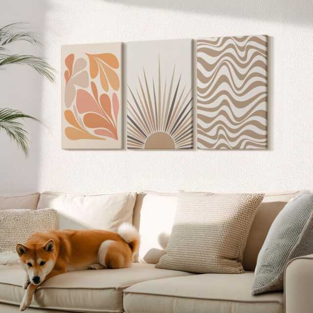 Canvas Set Of 3 Wall Art - Sun Boho Pastel Shapes, Orange Art, Abstract Hanging Piece - image 1