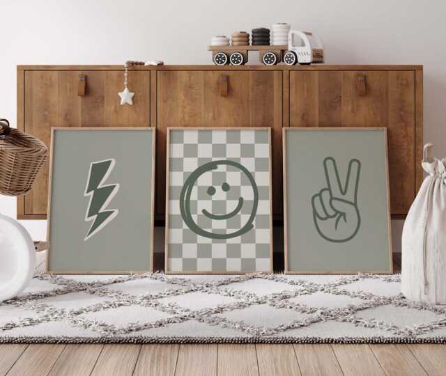Rad Little Dude Prints Set Checkered, Lightning Bolt, Peace Sign - Boys Nursery Decor - image 1