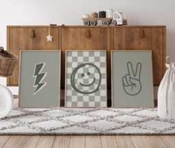 Rad Little Dude Prints Set Checkered, Lightning Bolt, Peace Sign - Boys Nursery Decor - thumbnail 1