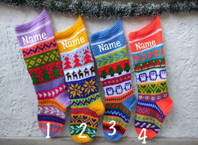 Knit Christmas Stockings Set, Nordic Santa, Trees, Decoration, Custom Stocking For Kids - image 1