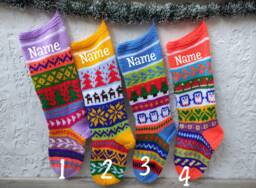Knit Christmas Stockings Set, Nordic Santa, Trees, Decoration, Custom Stocking For Kids - thumbnail 1