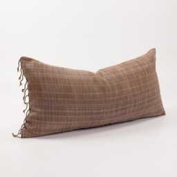 Woven Tribal Lumbar Pillow With Tassels, Brown Plaid Cushion - thumbnail 3