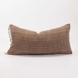 Woven Tribal Lumbar Pillow With Tassels, Brown Plaid Cushion