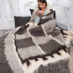 Grey Wool Blanket Lizhnyk - Squares Home Decor, Fluffy Gift - thumbnail 3
