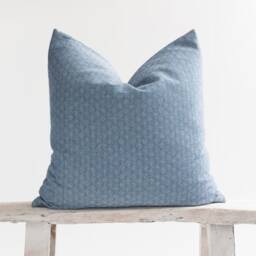 Textured White & Blue Woven Cotton Throw Pillow Cover, Bamboo Reverse - thumbnail 1