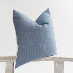 Textured White & Blue Woven Cotton Throw Pillow Cover, Bamboo Reverse - thumbnail 3