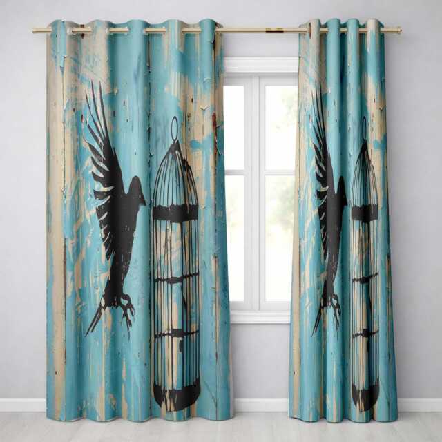 Blue Bird Escaping Open Cage Urban Stencil Art Striking Artwork For Bedroom Decor Readymade Eyelet Ring Top Thermal 100% Blackout Curtains - image 1