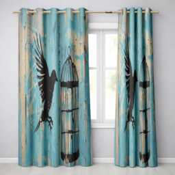 Blue Bird Escaping Open Cage Urban Stencil Art Striking Artwork For Bedroom Decor Readymade Eyelet Ring Top Thermal 100% Blackout Curtains