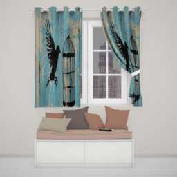 Blue Bird Escaping Open Cage Urban Stencil Art Striking Artwork For Bedroom Decor Readymade Eyelet Ring Top Thermal 100% Blackout Curtains - thumbnail 2
