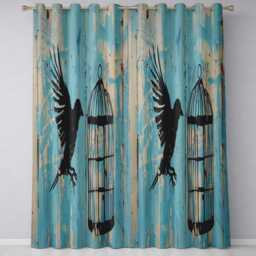 Blue Bird Escaping Open Cage Urban Stencil Art Striking Artwork For Bedroom Decor Readymade Eyelet Ring Top Thermal 100% Blackout Curtains - thumbnail 3