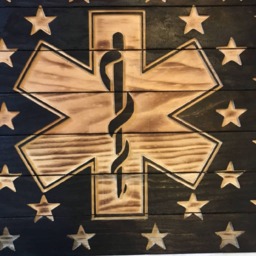 Wooden White Line Flag with Star Of Life Symbol, Customizable Flag, Wood Burned Flag, Rustic Sign Charred Wall Decor - thumbnail 2