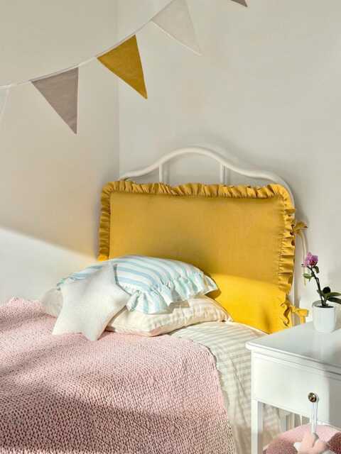 Ruffled Linen Headboard Cushion With Ties - Mustard Pink Blue Single Bed Padded Pillow Frills - image 1