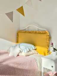 Ruffled Linen Headboard Cushion With Ties - Mustard Pink Blue Single Bed Padded Pillow Frills