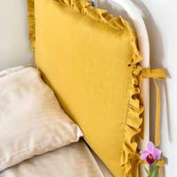 Ruffled Linen Headboard Cushion With Ties - Mustard Pink Blue Single Bed Padded Pillow Frills - thumbnail 3