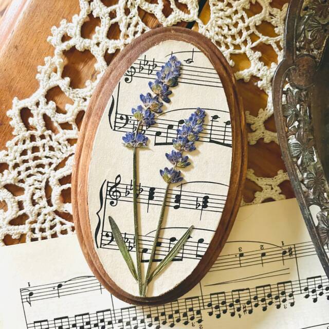 Pressed Flower Botanical Wall Art Vintage Sheet Music, Oval Frame - image 1