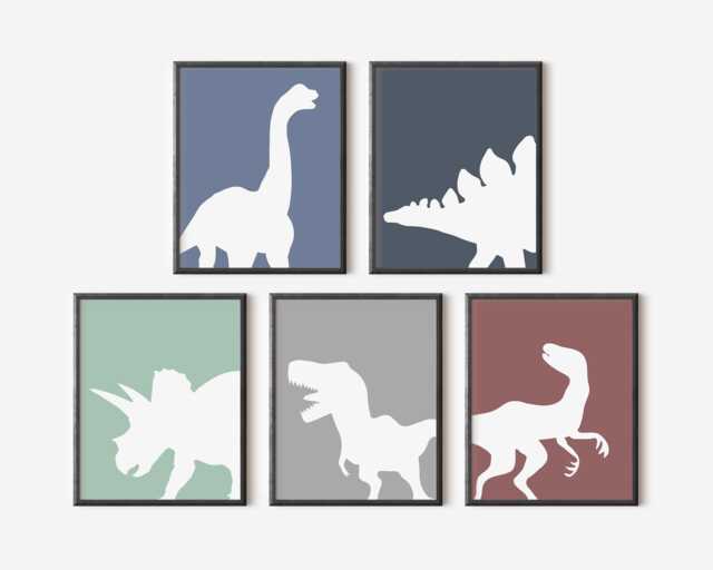 Dinosaur Silhouette Wall Art - T-Rex & Triceratops Prints, Set Of 5 - Printed Or Framed - image 1