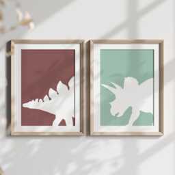 Dinosaur Silhouette Wall Art - T-Rex & Triceratops Prints, Set Of 5 - Printed Or Framed - thumbnail 3