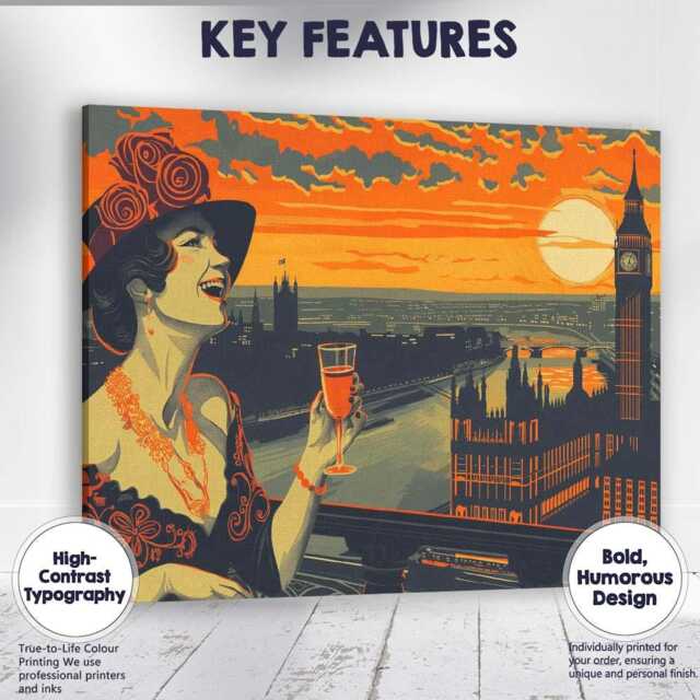 Art Deco London Skyline Big Ben Sunset Celebration Illustration Canvas Wall Print Decor Picture Ready To Hang - image 1