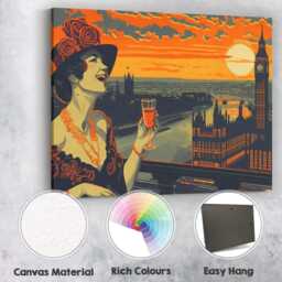 Art Deco London Skyline Big Ben Sunset Celebration Illustration Canvas Wall Print Decor Picture Ready To Hang - thumbnail 2