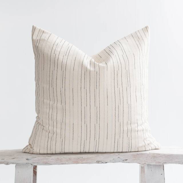 striped Cotton Pillow Cover, Beige White Black, Bamboo Fabric Cushion - image 1