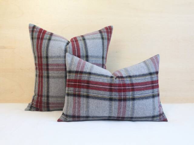 Gray & Red Plaid Merino Wool Pillow Cover, Classic Stewart - Made To Order - image 1