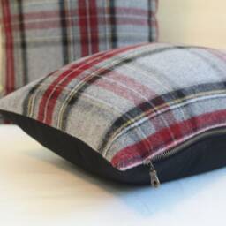 Gray & Red Plaid Merino Wool Pillow Cover, Classic Stewart - Made To Order - thumbnail 3