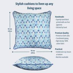 Block Print Cushion Cover Blue White Double Sided Cushion Cover Piping Edge Hidden Zip 100% Organic High Density Cotton House Warming Gift - thumbnail 2