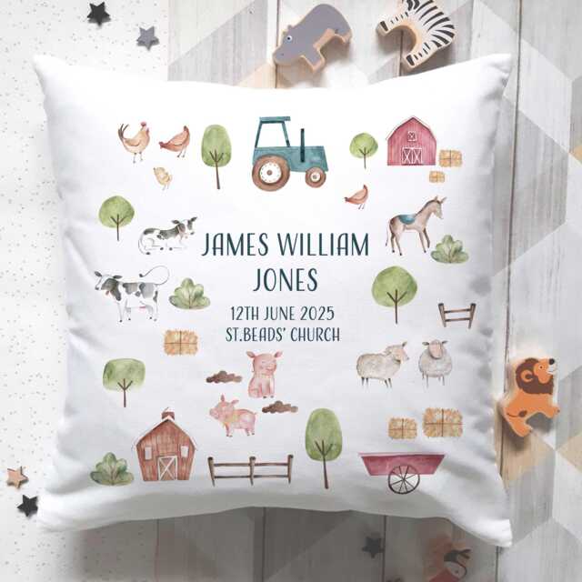 Personalized Christening Cushion Farm Animal Design, Baby Boy Keepsake - image 1