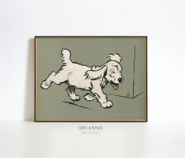 The White Puppy Wall Art, Book Art Print, Minimalist Animal Printable, Neutral Sage Canvas, Cute Poster, Boy Nursery Decor - image 1