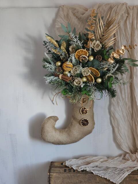 Christmas Door Wreath, Christmas Elf Stocking, Seasonal Decor, Unique Winter Front Decoration, Artificial Flowers & Ornaments - image 1