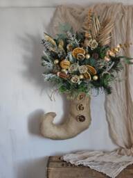 Christmas Door Wreath, Christmas Elf Stocking, Seasonal Decor, Unique Winter Front Decoration, Artificial Flowers & Ornaments - thumbnail 1