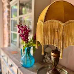 Handmade Gold Velvet Lampshade With Fringe, Tassel Light, Art Deco Glam Decor - thumbnail 3
