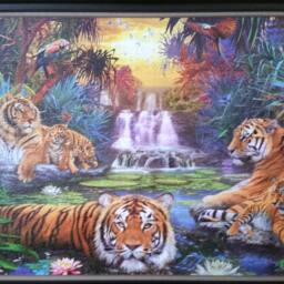 Professionally Framed Completed 3000 Piece Ravensburger Tigers At The Waterhole Puzzle Wall Art & Decor - thumbnail 2
