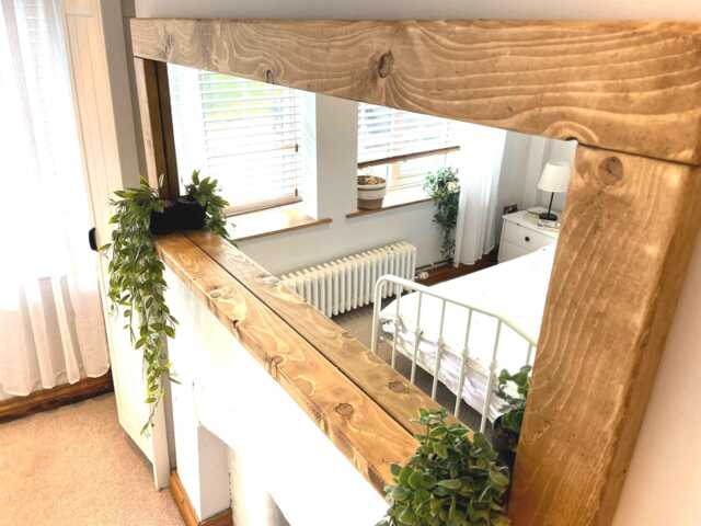 Handmade Rustic Wooden Mirror With Shelf - English Oak Wax Finish Home Decor - image 1