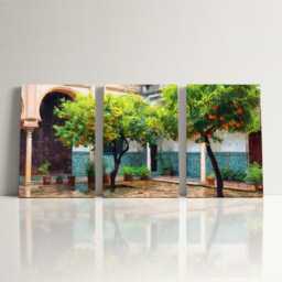 Seville Courtyard 3 Panel Split Canvas Wall Art Trees & Moorish Tiles Spanish Architecture Oil Painting Framed Home Decor Gift - thumbnail 3
