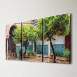 Seville Courtyard 3 Panel Split Canvas Wall Art Trees & Moorish Tiles Spanish Architecture Oil Painting Framed Home Decor Gift - thumbnail 1