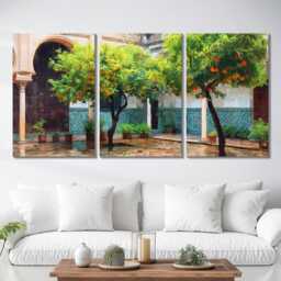 Seville Courtyard 3 Panel Split Canvas Wall Art Trees & Moorish Tiles Spanish Architecture Oil Painting Framed Home Decor Gift - thumbnail 2