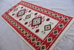 3x6 Ft Afghan Kilim Area Rug, Beige Red Natural Vegetable Dyes Turkmen Flatweave Handmade Wool Oriental Bedroom Living Room Rug - thumbnail 1