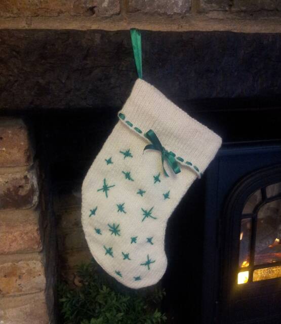 Ready To Ship Hand Knitted Scandinavian Style Christmas Stocking Cream & Green Xmas Decoration - image 1
