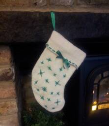 Ready To Ship Hand Knitted Scandinavian Style Christmas Stocking Cream & Green Xmas Decoration