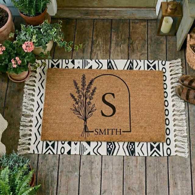 Monogram Doormat, Lavender Arch, Personalized Family Name Mat, Farmhouse Entryway Decor - image 1