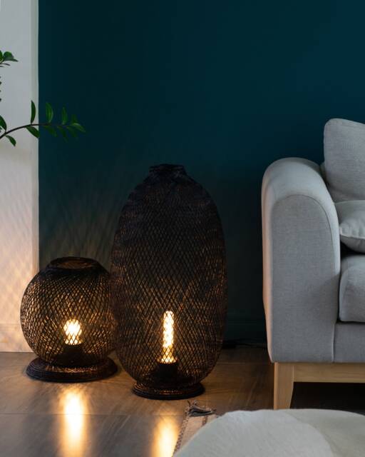 Black Bamboo Floor Lamp - Tall Dyed Woven Rattan Fish Trap Light Lantern - image 1