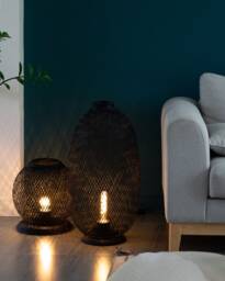 Black Bamboo Floor Lamp - Tall Dyed Woven Rattan Fish Trap Light Lantern