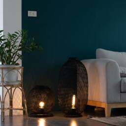 Black Bamboo Floor Lamp - Tall Dyed Woven Rattan Fish Trap Light Lantern - thumbnail 3